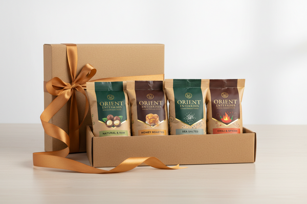Caja de regalo de 4 sabores de macadamia de Orient Chef | Colección de frutos secos premium de Kenia