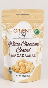 Orient Chef White Chocolate Coated Macadamias – 100g | Premium Gourmet Snack