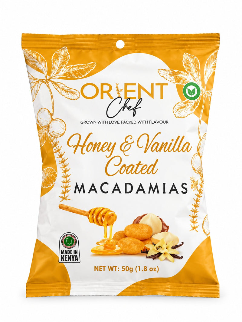 Orient Chef Honey & Vanilla Coated Macadamias – 50g | Sweet Gourmet Snack