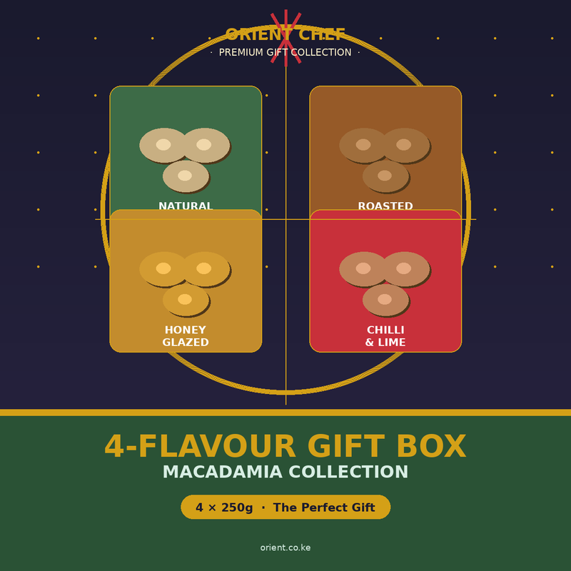 Orient Chef 4-Flavour Macadamia Gift Box — Natural Raw, Roasted Salted, Honey Glazed, Chilli Lime